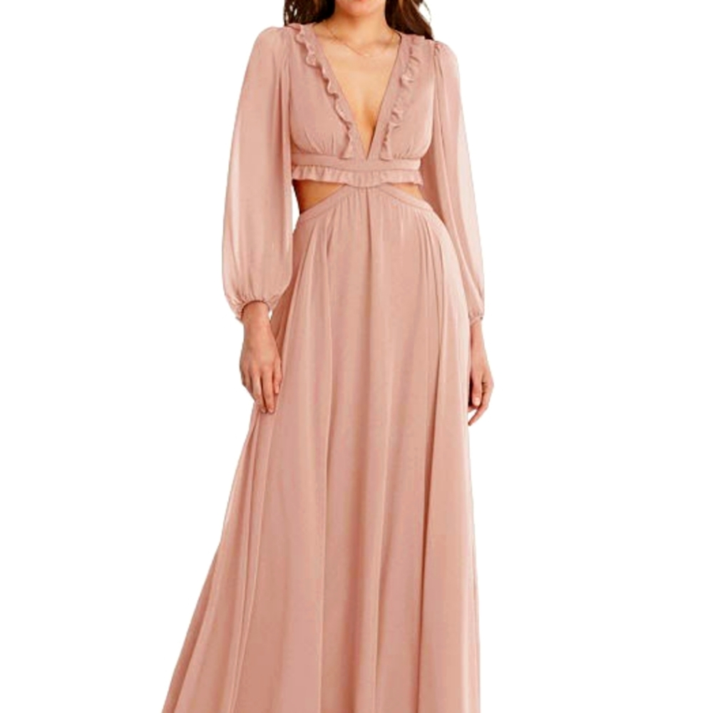 New Chiffon Long Sleeve Cutout Maxi Bridesmaids/Formal Dress Color: Blush Sze 12
